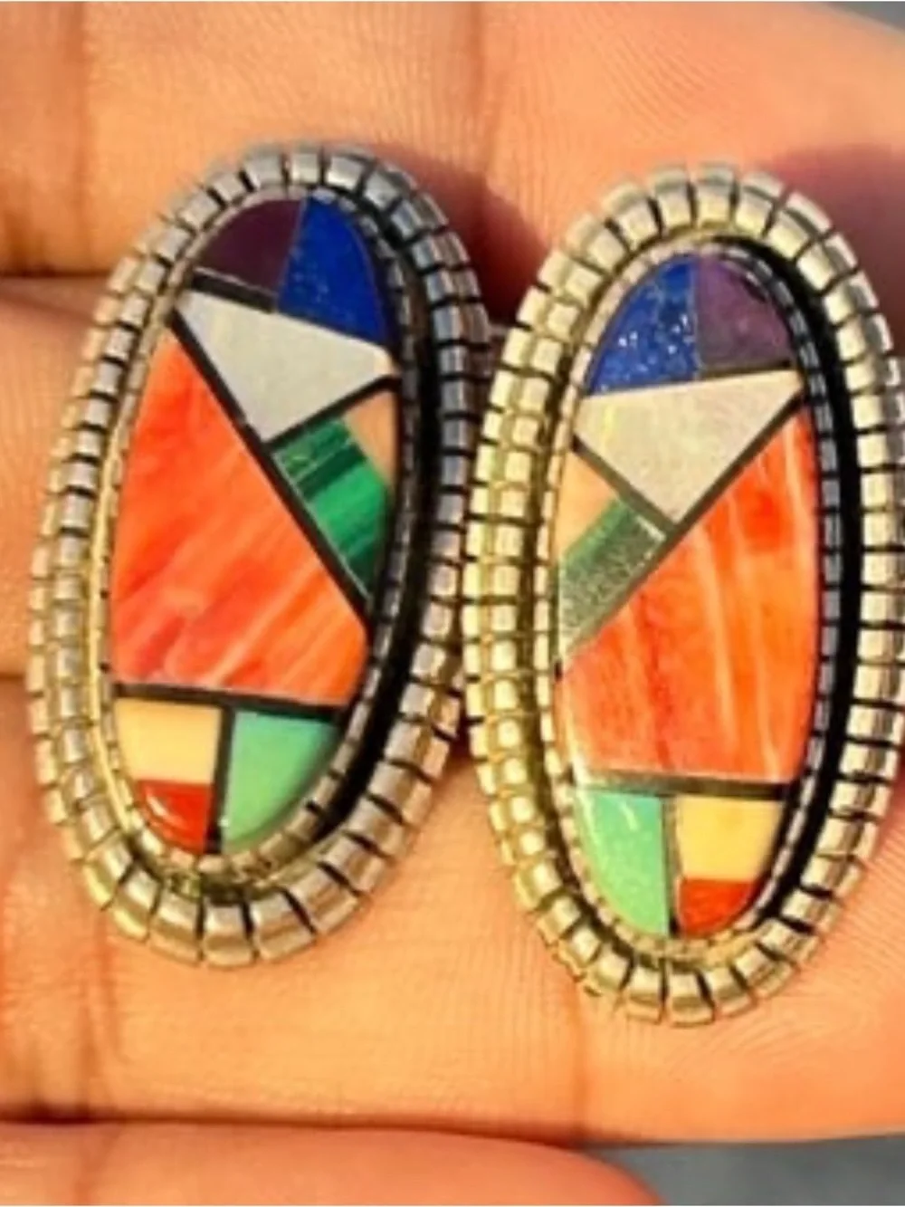 Sterling silver inlay gem Stones  Coral Natural Opal, Orange Spin clip earrings